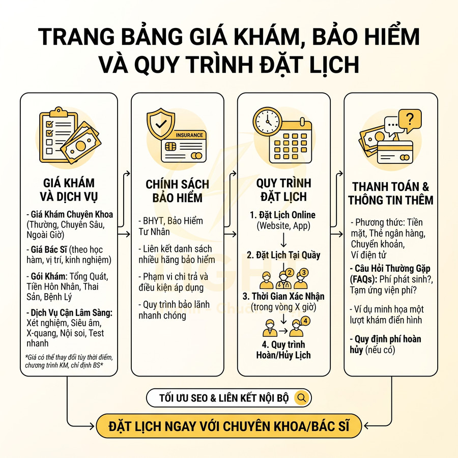 Trang bảng giá khám, chính sách bảo hiểm, quy trình đặt lịch và thanh toán tại cơ sở y tế