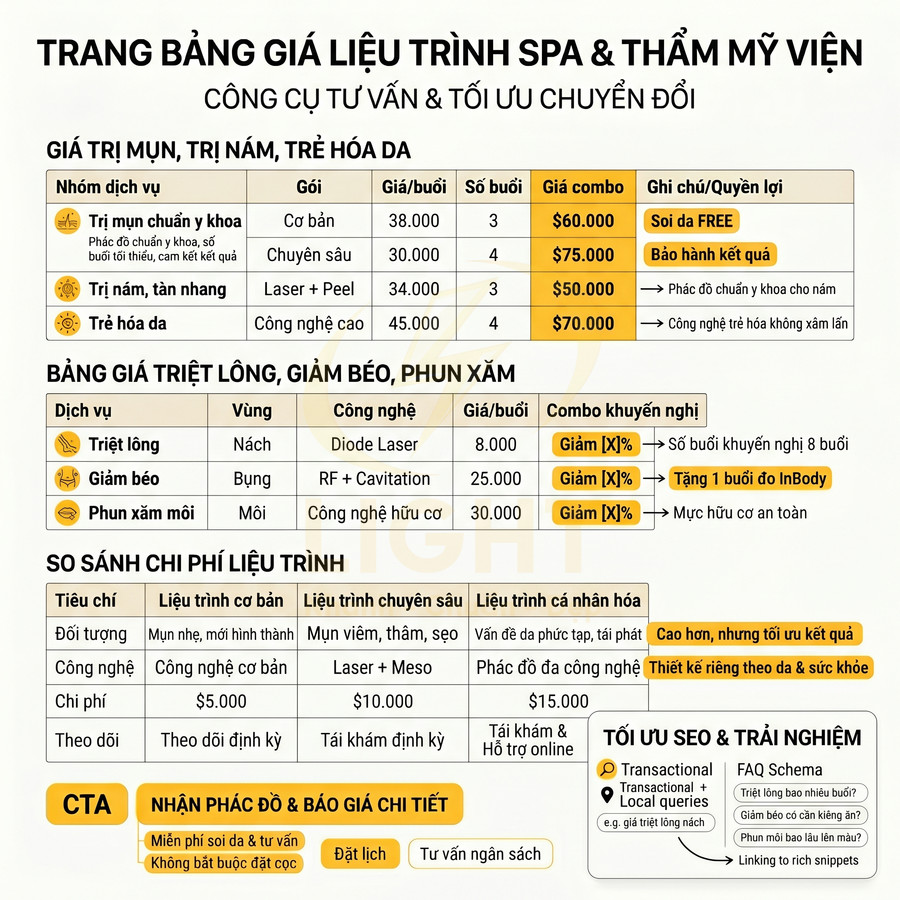 Bảng giá liệu trình spa thẩm mỹ viện gồm trị mụn, trẻ hóa da, triệt lông, giảm béo, phun xăm và ưu đãi combo