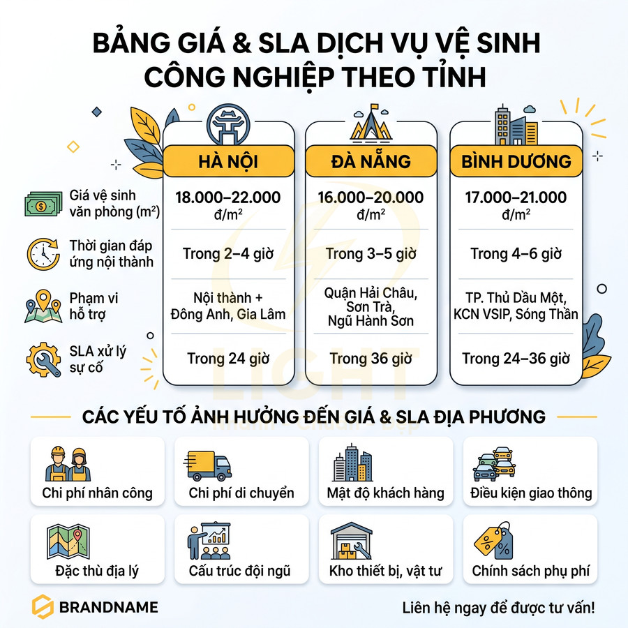 Bảng giá và SLA dịch vụ vệ sinh công nghiệp tại Hà Nội Đà Nẵng Bình Dương cùng các yếu tố ảnh hưởng chi phí