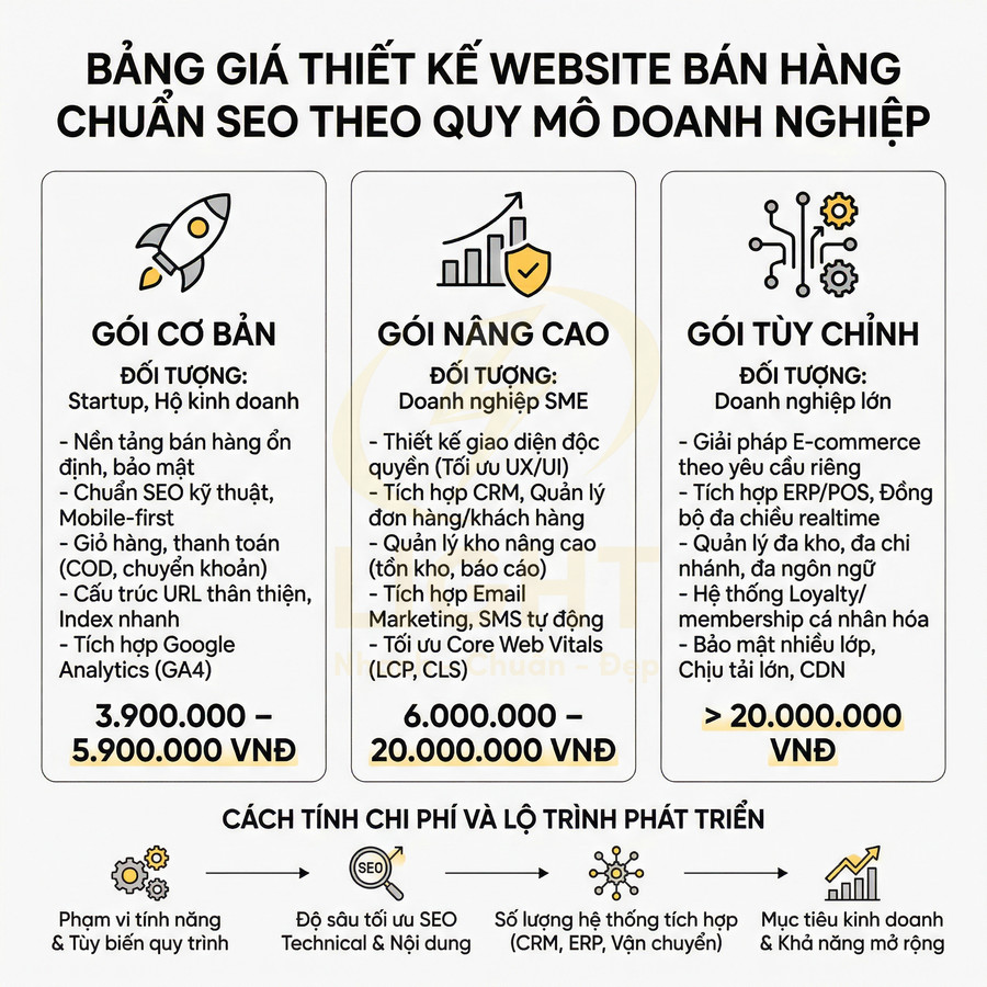Bảng giá gói thiết kế website bán hàng chuẩn SEO gồm gói cơ bản, nâng cao và tùy chỉnh cho doanh nghiệp