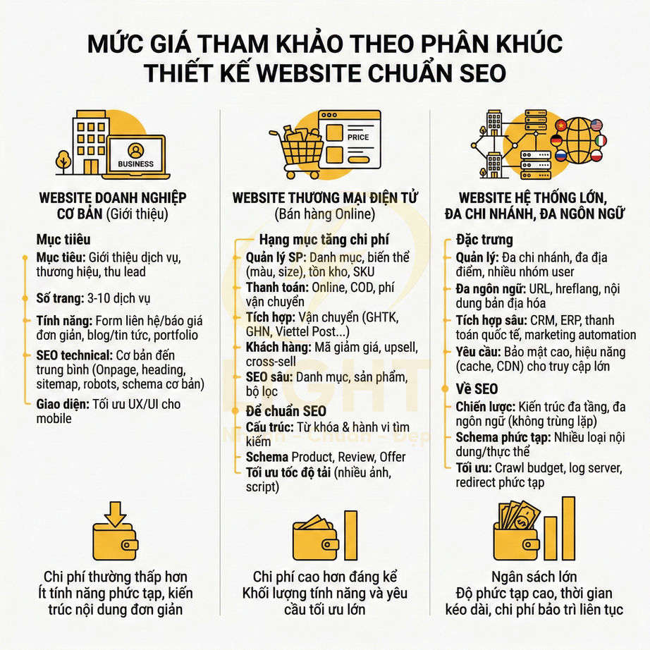 Bảng so sánh mức giá thiết kế website chuẩn SEO cho doanh nghiệp, thương mại điện tử và hệ thống lớn