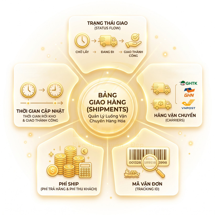 Minh họa bảng giao hàng quản lý trạng thái, thời gian, phí ship, hãng vận chuyển và mã vận đơn