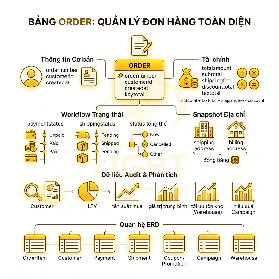 Sơ đồ bảng ORDER quản lý đơn hàng toàn diện với thông tin cơ bản, tài chính, trạng thái, địa chỉ và quan hệ ERD