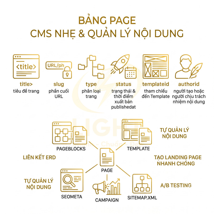 Sơ đồ bảng Page trong CMS nhẹ, quản lý nội dung với các trường title, slug, type, status, templateid, authorid