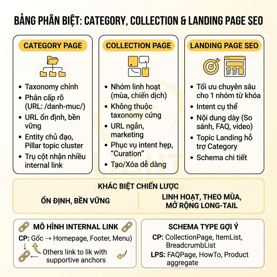Bảng so sánh Category Page, Collection Page và Landing Page trong chiến lược SEO và internal link