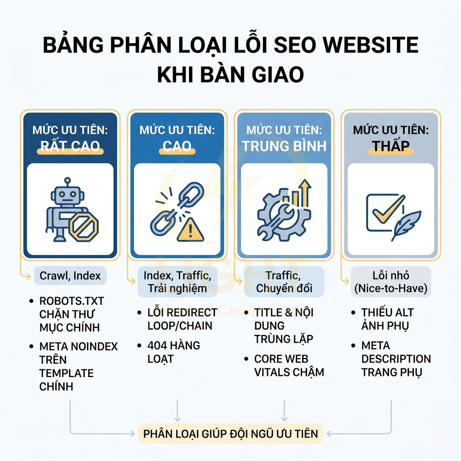 Bảng phân loại mức độ ưu tiên các lỗi SEO website khi bàn giao giúp tối ưu crawl index traffic chuyển đổi
