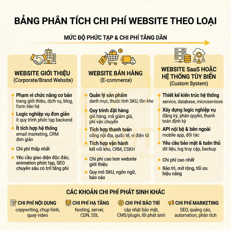 Bảng so sánh chi phí làm website giới thiệu, website bán hàng và website SaaS tùy biến cùng các khoản chi phí phát sinh