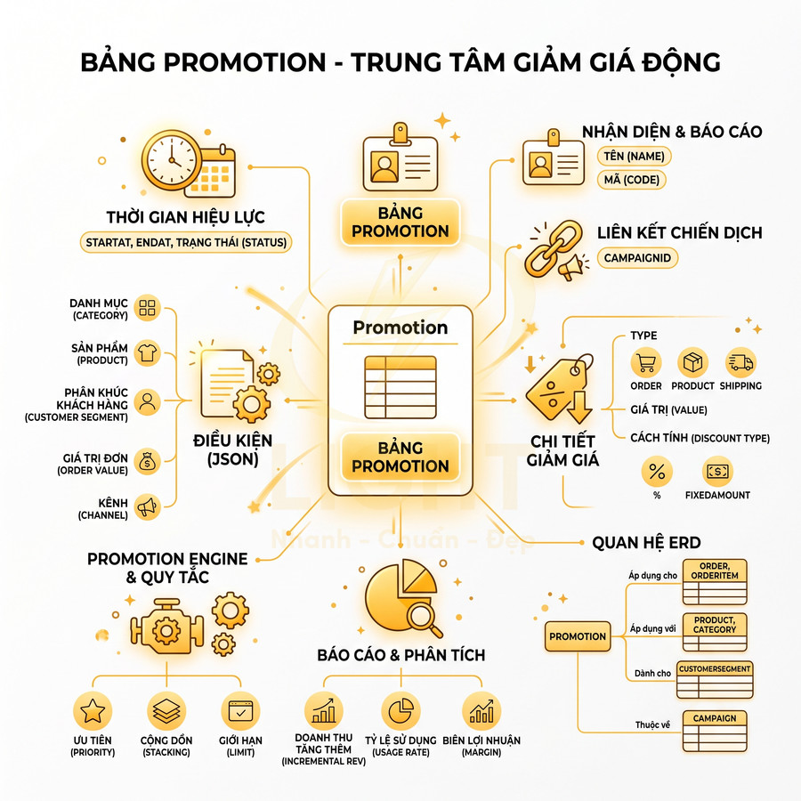 Sơ đồ bảng promotion trung tâm giảm giá động với các trường điều kiện, chi tiết giảm giá và báo cáo phân tích