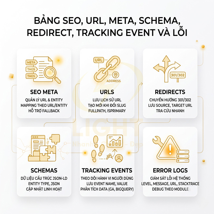 Bảng tính năng quản lý SEO meta, URL, redirect, schema, tracking event và error logs cho website