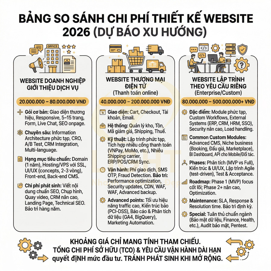 Bảng so sánh chi phí thiết kế website 2026 cho doanh nghiệp, thương mại điện tử và website lập trình theo yêu cầu