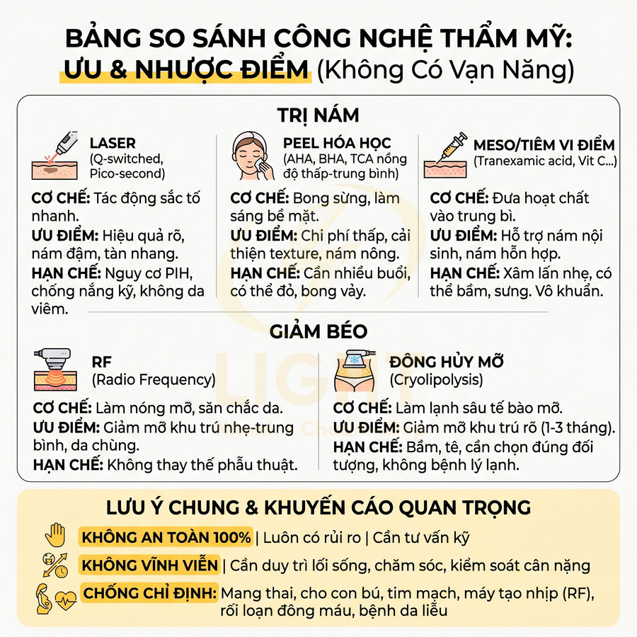 Bảng so sánh các công nghệ thẩm mỹ trị nám và giảm béo cùng ưu nhược điểm và lưu ý an toàn