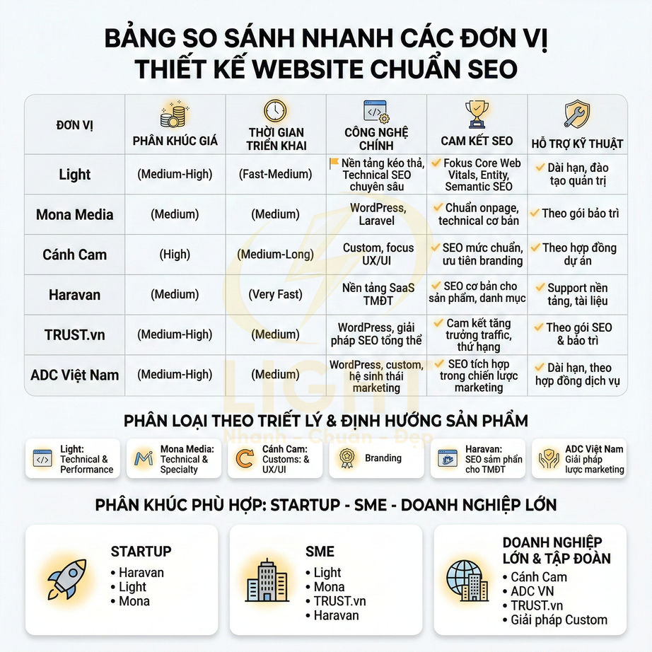 Bảng so sánh các đơn vị thiết kế website chuẩn SEO cho startup, SME và doanh nghiệp lớn bằng tiếng Việt