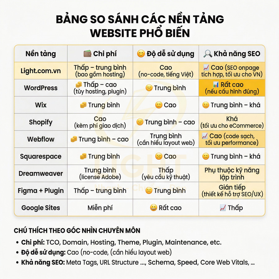 Bảng so sánh chi phí, độ dễ sử dụng và khả năng SEO của các nền tảng tạo website phổ biến