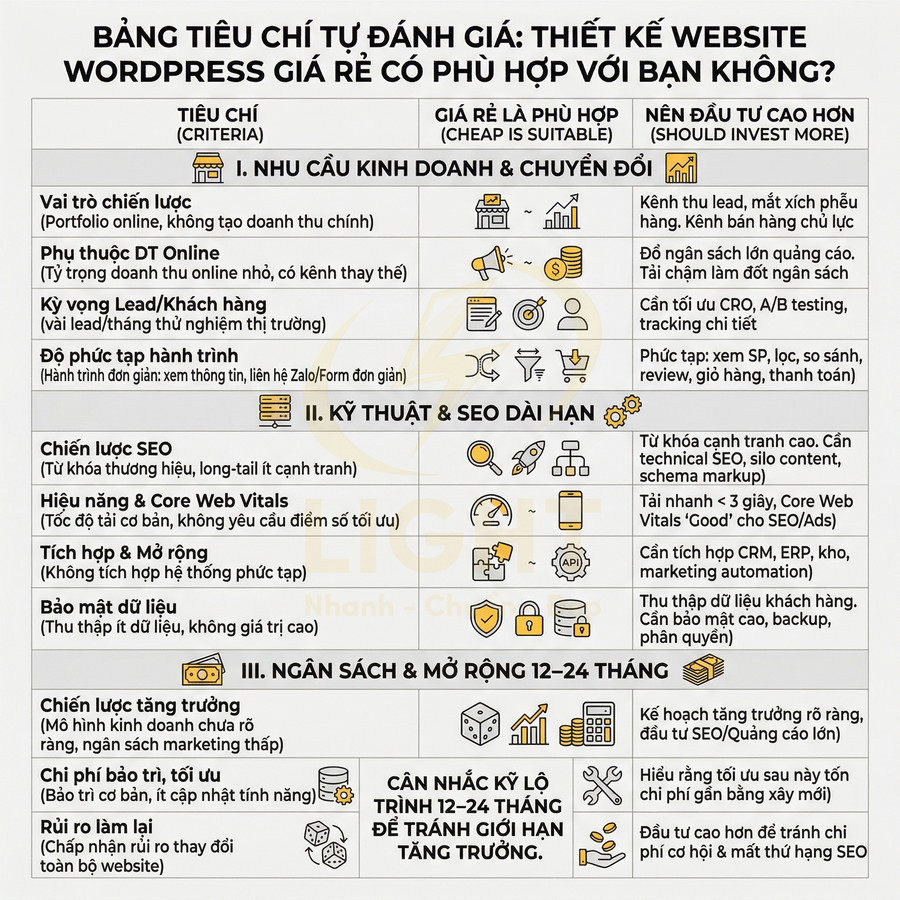 Bảng tiêu chí đánh giá nên chọn thiết kế website WordPress giá rẻ hay đầu tư cao hơn cho kinh doanh và SEO