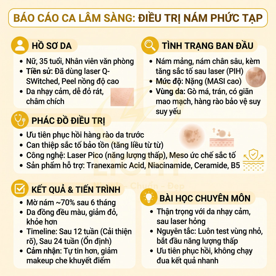 Infographic báo cáo ca lâm sàng điều trị nám phức tạp bằng Laser Pico, meso và sản phẩm Tranexamic Acid, Niacinamide, Ceramide, B5