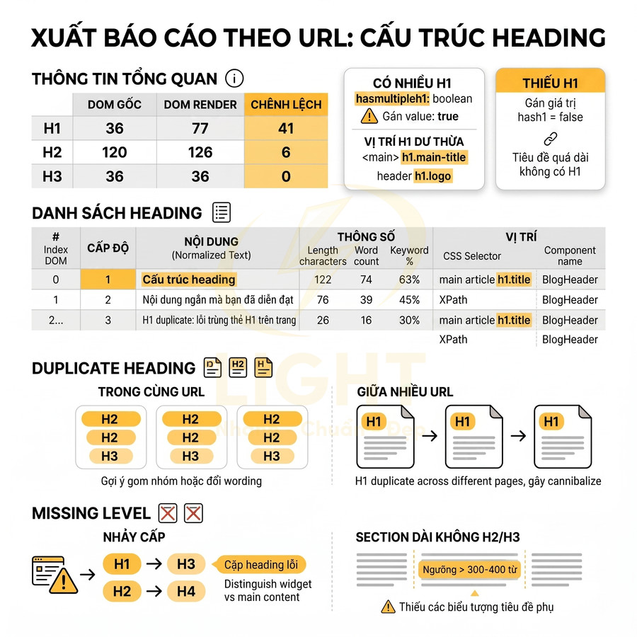 Báo cáo SEO cấu trúc heading theo URL với thống kê H1 H2 H3, duplicate heading và cảnh báo thiếu cấp heading