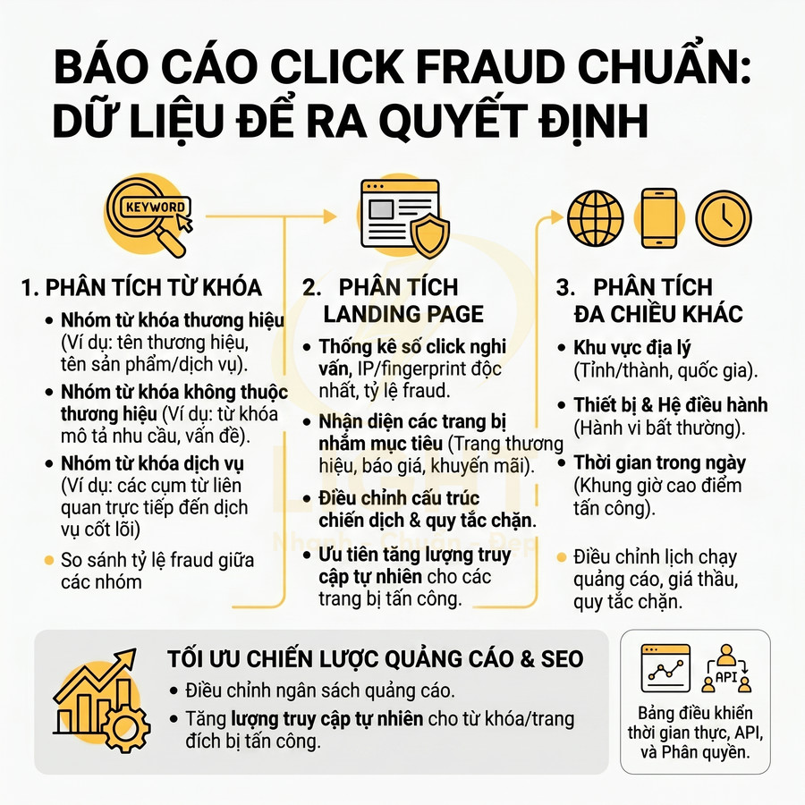 Infographic báo cáo click fraud chuẩn và tối ưu chiến lược quảng cáo SEO bằng phân tích từ khóa landing page