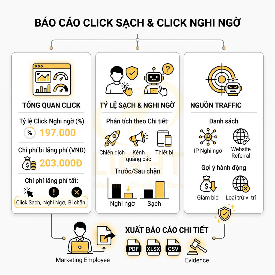 Mẫu báo cáo phân tích click sạch và click nghi ngờ, thống kê chi phí lãng phí và nguồn traffic quảng cáo