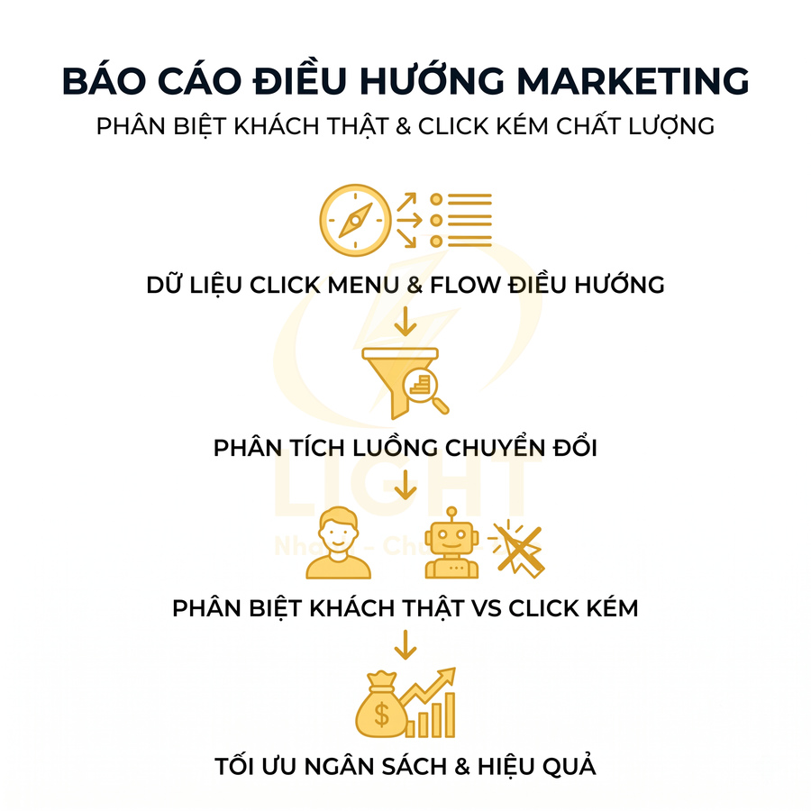Báo cáo điều hướng marketing phân tích dữ liệu click, phân biệt khách thật và click kém để tối ưu ngân sách