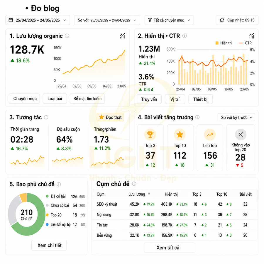 Bảng dashboard đo lường hiệu suất blog với biểu đồ lưu lượng organic hiển thị CTR và tương tác người dùng