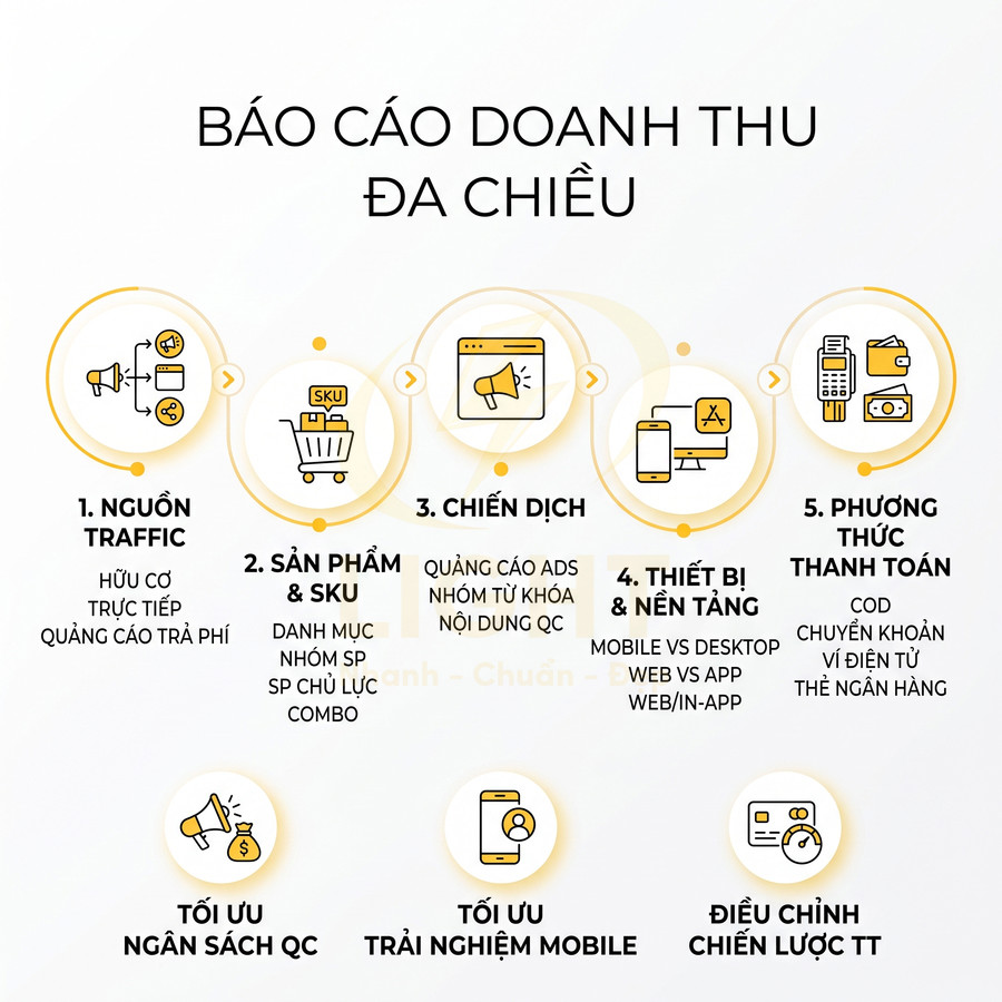 Mô hình báo cáo doanh thu đa chiều với các yếu tố nguồn traffic, sản phẩm, chiến dịch, thiết bị và thanh toán