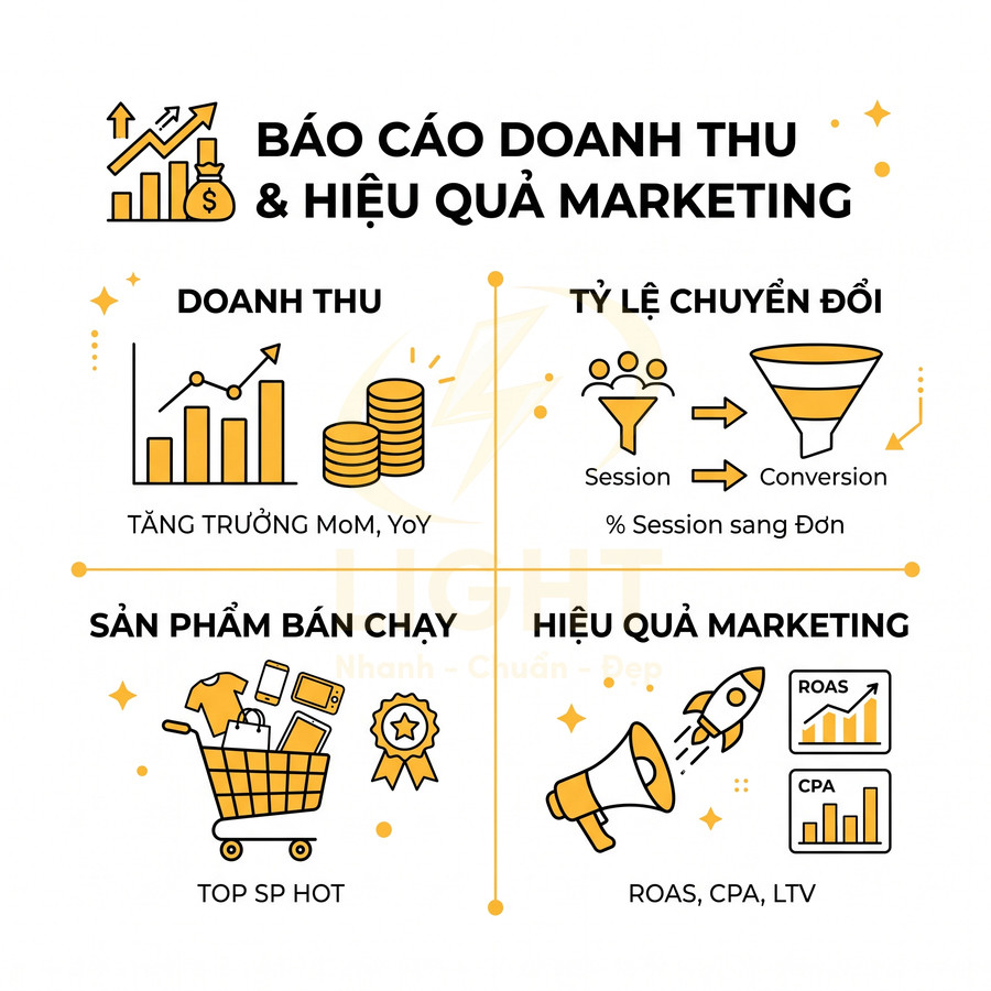 Mẫu báo cáo doanh thu và hiệu quả marketing với biểu đồ tăng trưởng, tỷ lệ chuyển đổi, sản phẩm bán chạy, chỉ số ROAS CPA