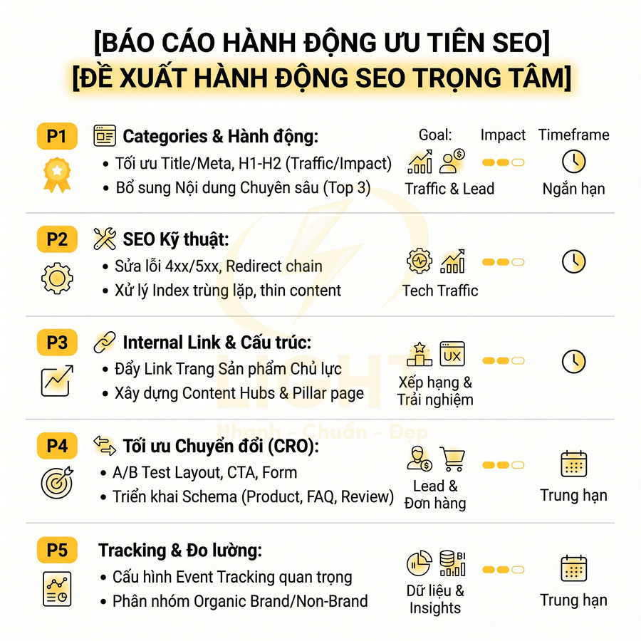 Báo cáo hành động ưu tiên SEO với 5 nhóm việc: kỹ thuật, nội dung, internal link, CRO và tracking đo lường