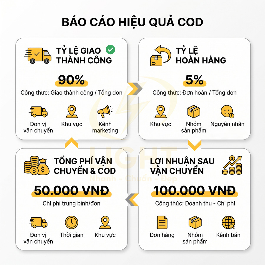 Báo cáo hiệu quả COD với tỷ lệ giao thành công 90 phần trăm, hoàn hàng 5 phần trăm, phí và lợi nhuận vận chuyển