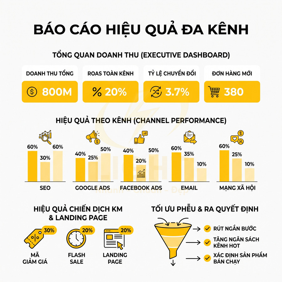 Báo cáo hiệu quả đa kênh marketing với số liệu doanh thu, chuyển đổi và hiệu suất SEO, Google Ads, Facebook Ads, email, mạng xã hội