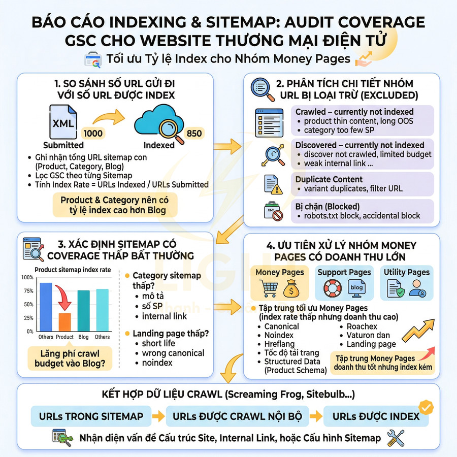Infographic quy trình audit indexing và sitemap GSC tối ưu tỷ lệ index cho website thương mại điện tử