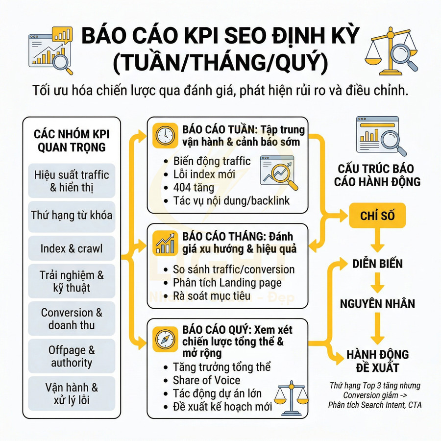 Infographic quy trình báo cáo KPI SEO định kỳ theo tuần tháng quý với các nhóm chỉ số và hành động tối ưu hóa