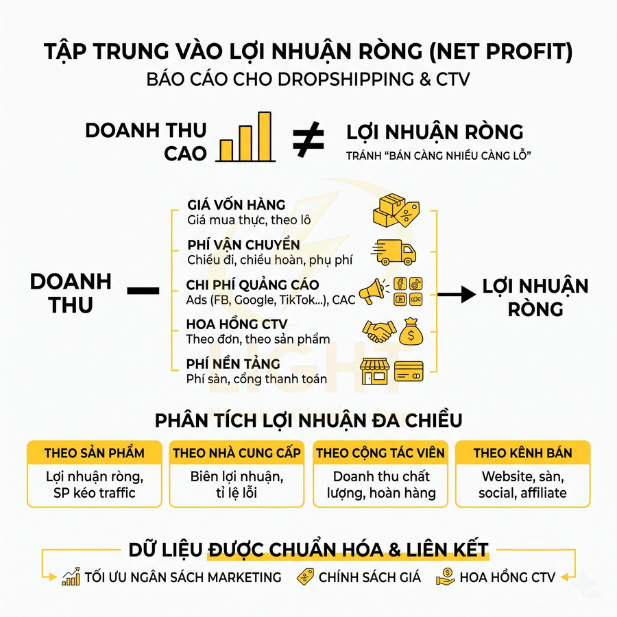 Biểu đồ hướng dẫn tính lợi nhuận ròng cho mô hình dropshipping và cộng tác viên bán hàng online