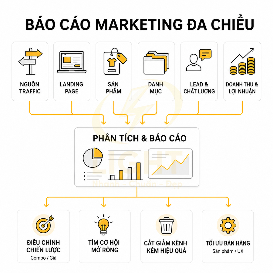 Sơ đồ báo cáo marketing đa chiều từ nguồn traffic đến phân tích dữ liệu và tối ưu chiến lược bán hàng