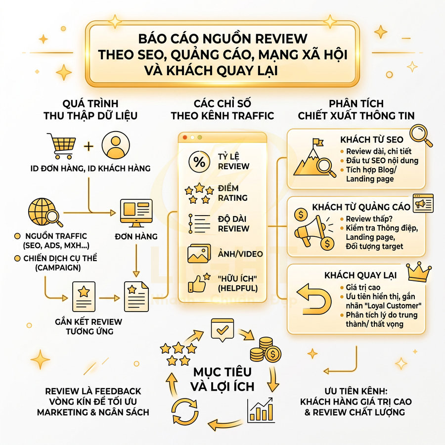 Infographic quy trình thu thập và phân tích review khách hàng theo kênh SEO, quảng cáo, mạng xã hội