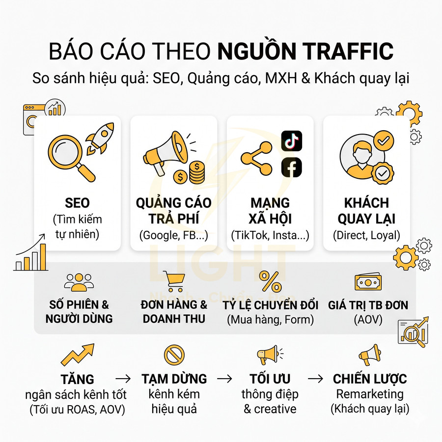 Báo cáo nguồn traffic so sánh hiệu quả SEO quảng cáo trả phí mạng xã hội và khách quay lại trong marketing