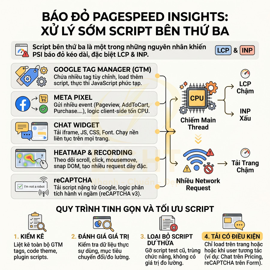 Infographic tối ưu script bên thứ ba để cải thiện PageSpeed Insights, giảm tải CPU và tăng tốc độ tải trang web