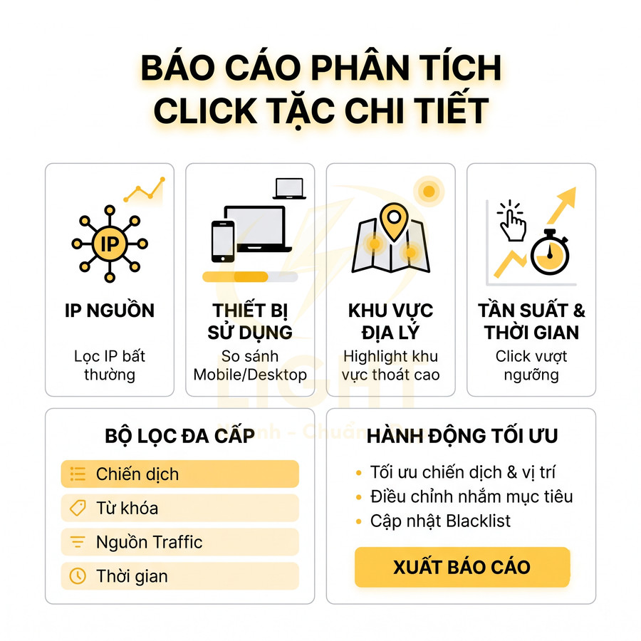 Mô tả báo cáo phân tích click tặc chi tiết với các bộ lọc IP, thiết bị, khu vực, tần suất và nút xuất báo cáo
