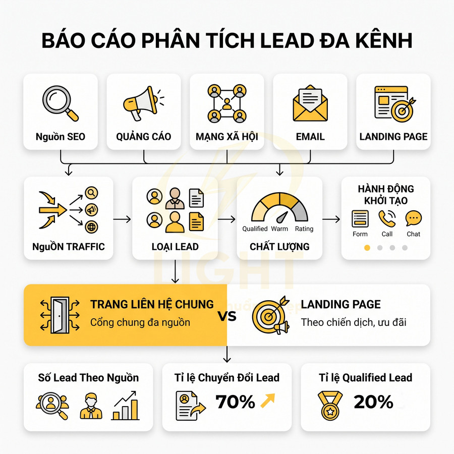 Sơ đồ báo cáo phân tích lead đa kênh từ nguồn traffic đến chất lượng và tỉ lệ chuyển đổi lead