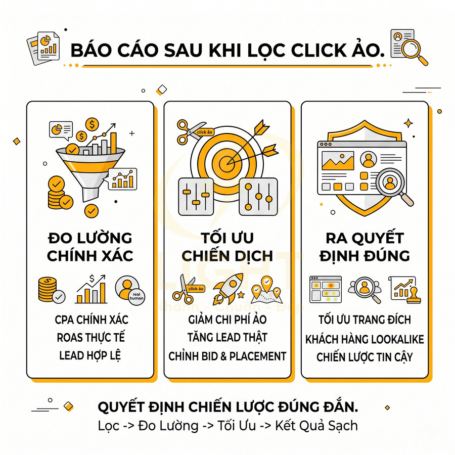 Infographic báo cáo sau khi lọc click ảo giúp đo lường chính xác, tối ưu chiến dịch và ra quyết định marketing đúng đắn