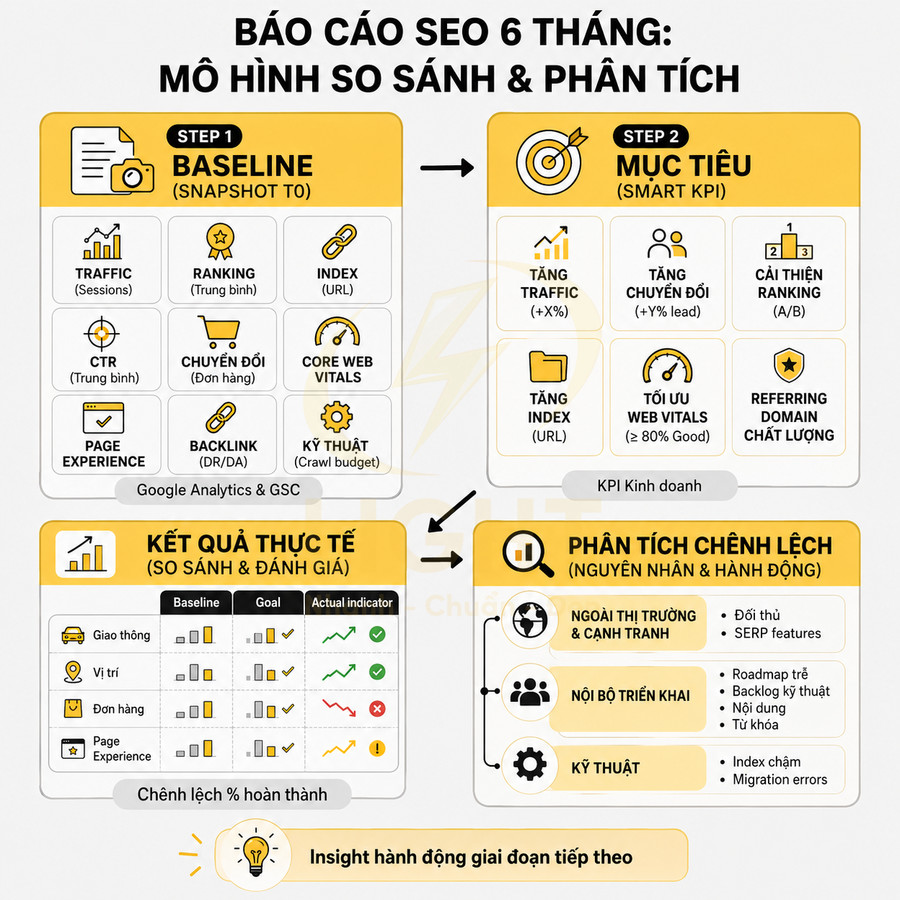Mô hình báo cáo SEO 6 tháng với các bước baseline, mục tiêu, kết quả thực tế và phân tích chênh lệch