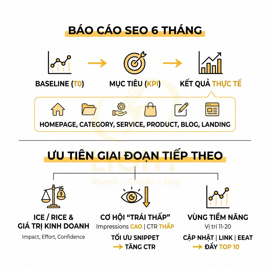 Infographic báo cáo SEO 6 tháng với mục tiêu KPI, kết quả thực tế và ưu tiên tối ưu giai đoạn tiếp theo