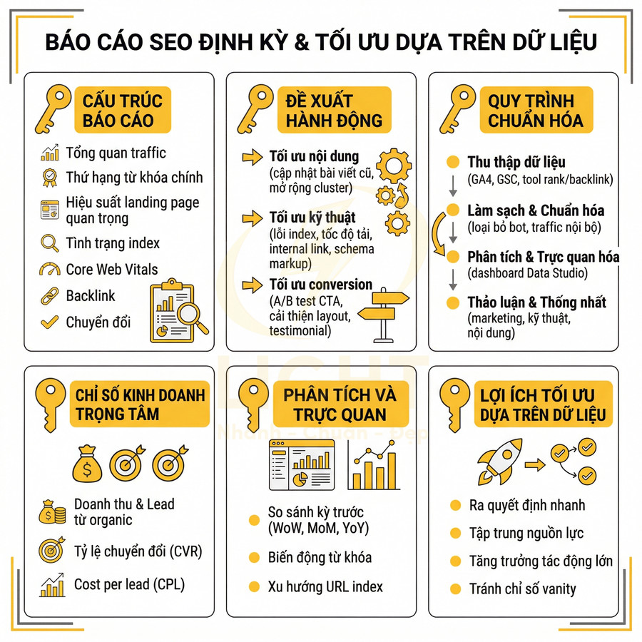 Infographic báo cáo SEO định kỳ và tối ưu dựa trên dữ liệu với cấu trúc báo cáo, chỉ số và lợi ích chính