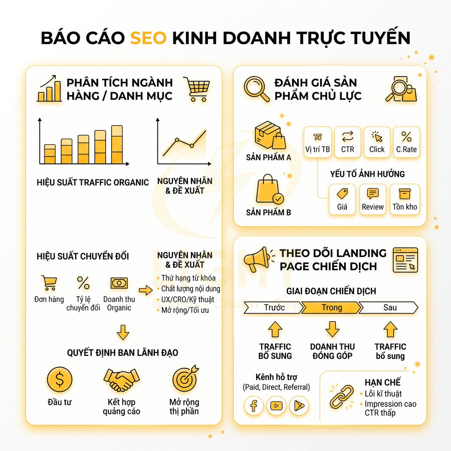 Báo cáo SEO kinh doanh trực tuyến với phân tích ngành hàng, sản phẩm chủ lực và theo dõi landing page chiến dịch