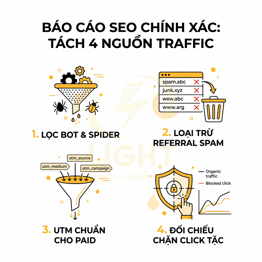 Hướng dẫn báo cáo SEO chính xác với 4 bước tách nguồn traffic và chống spam, click tặc