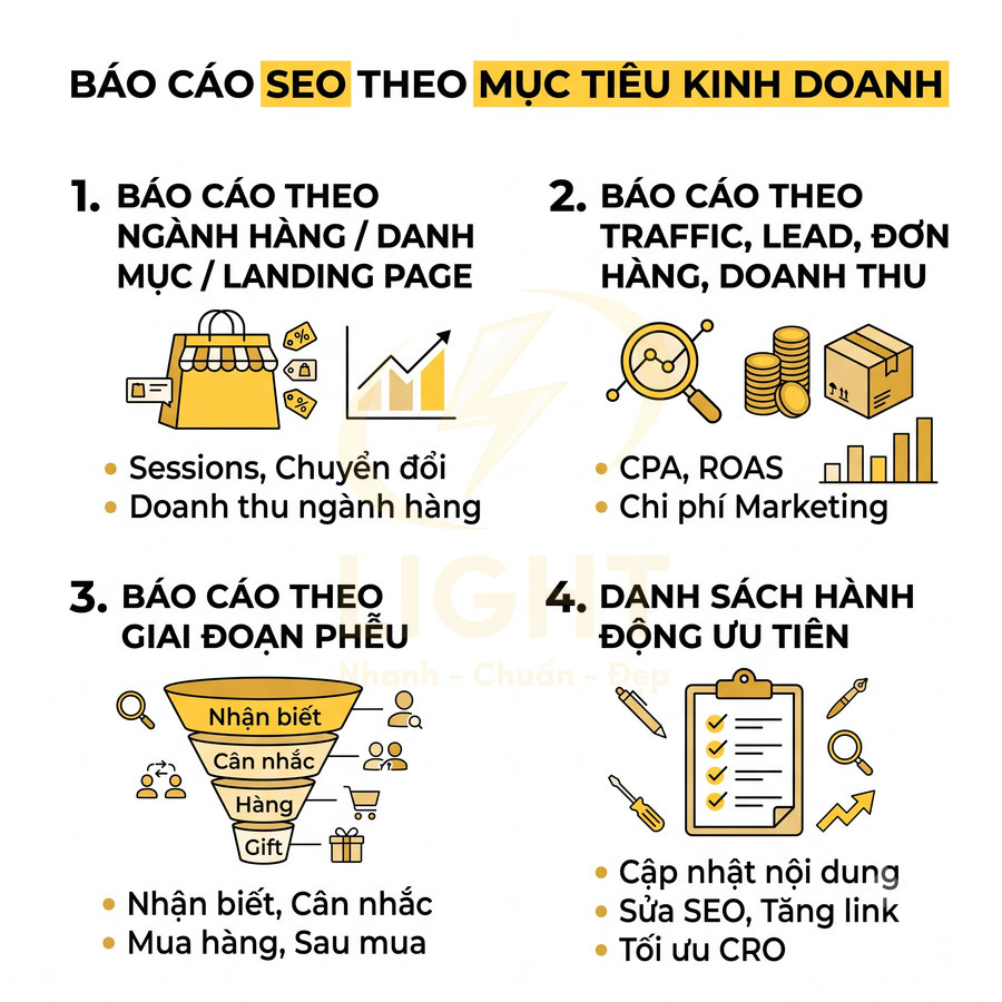 Infographic báo cáo SEO theo mục tiêu kinh doanh với 4 nhóm chỉ số và hành động tối ưu chuyển đổi