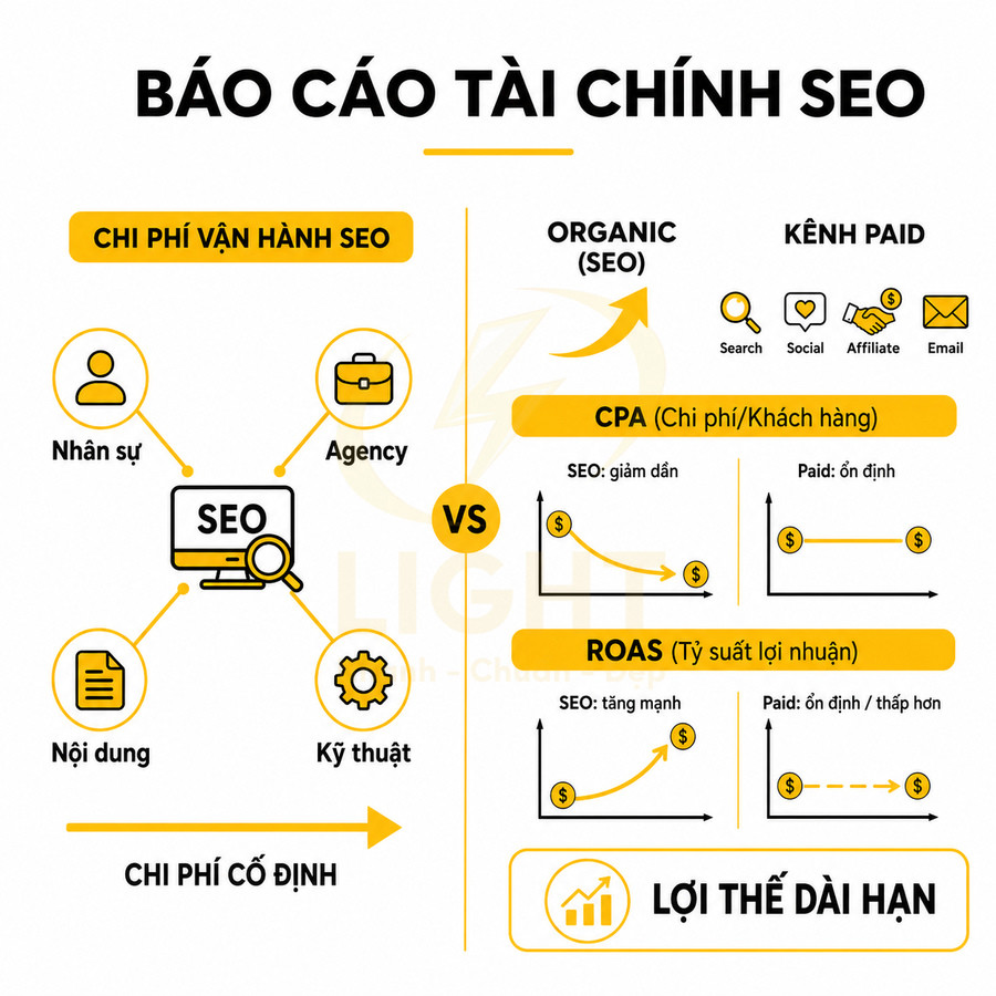 Báo cáo tài chính SEO so sánh chi phí vận hành SEO với kênh paid, CPA, ROAS và lợi thế dài hạn