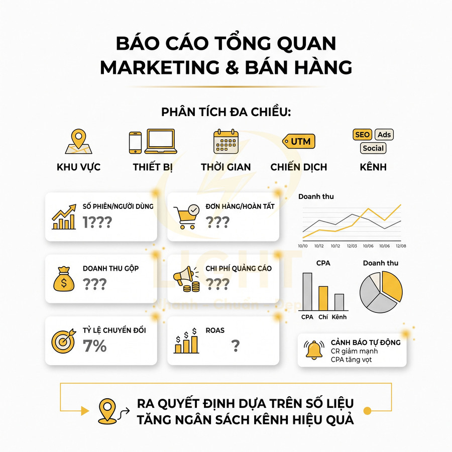 Mẫu báo cáo tổng quan marketing và bán hàng với các chỉ số doanh thu, chi phí quảng cáo, tỷ lệ chuyển đổi