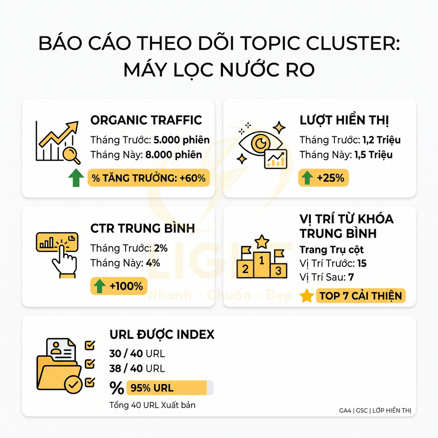 Báo cáo SEO topic cluster máy lọc nước RO với số liệu tăng trưởng traffic, CTR, lượt hiển thị và URL được index