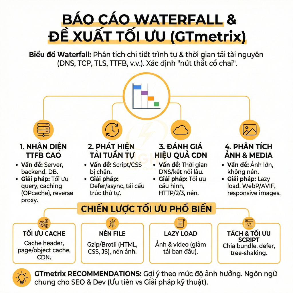Infographic báo cáo Waterfall GTmetrix và các chiến lược tối ưu tốc độ tải trang web