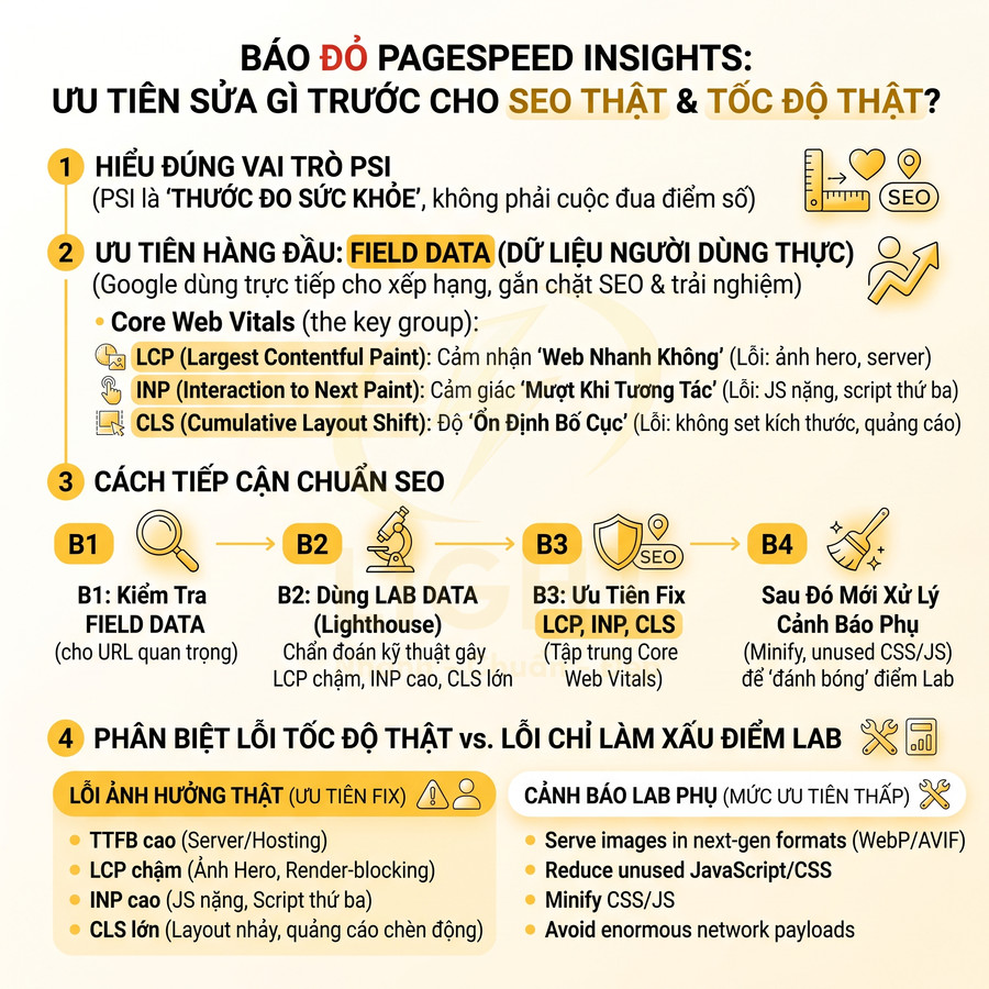 Infographic hướng dẫn tối ưu PageSpeed Insights cho SEO thật và tốc độ tải trang web nhanh hơn